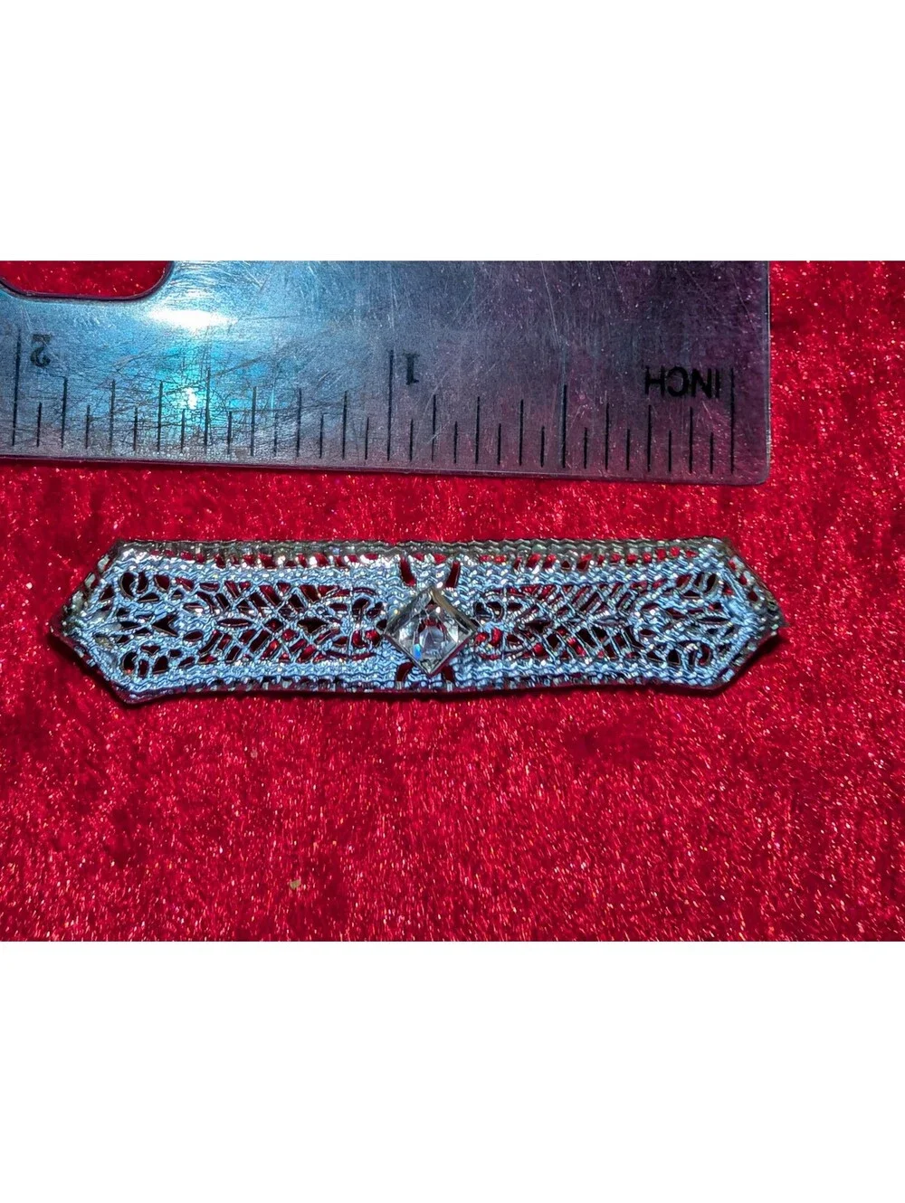Vintage Silver Filigree Bar Pin Brooch with Central Clear Stone